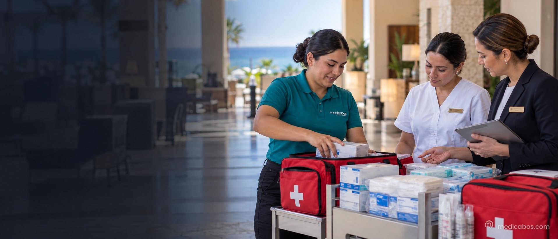 Asesora de Medicabos con botiquines en el lobby de un hotel