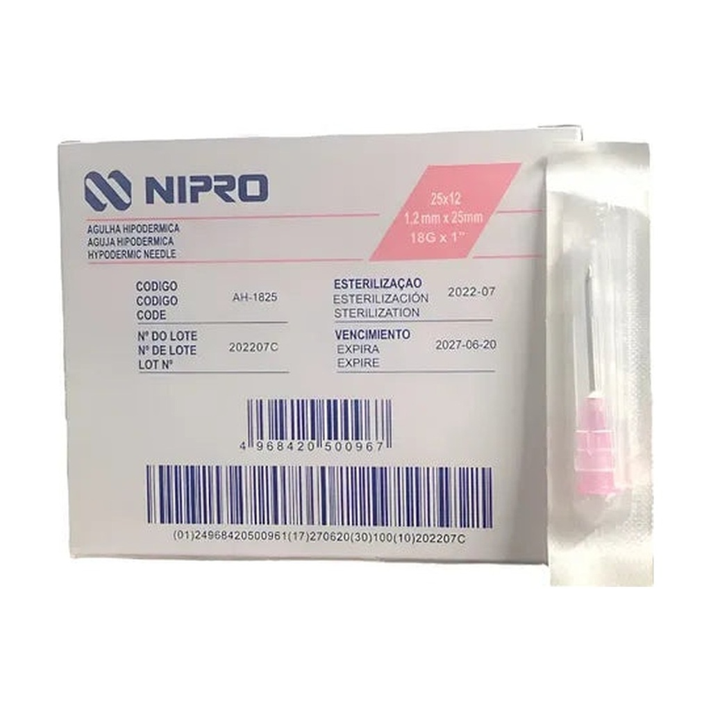 [NI0036] Aguja Hipodérmica  Nipro 18G x 25 mm (1") Rosa Caja C/100