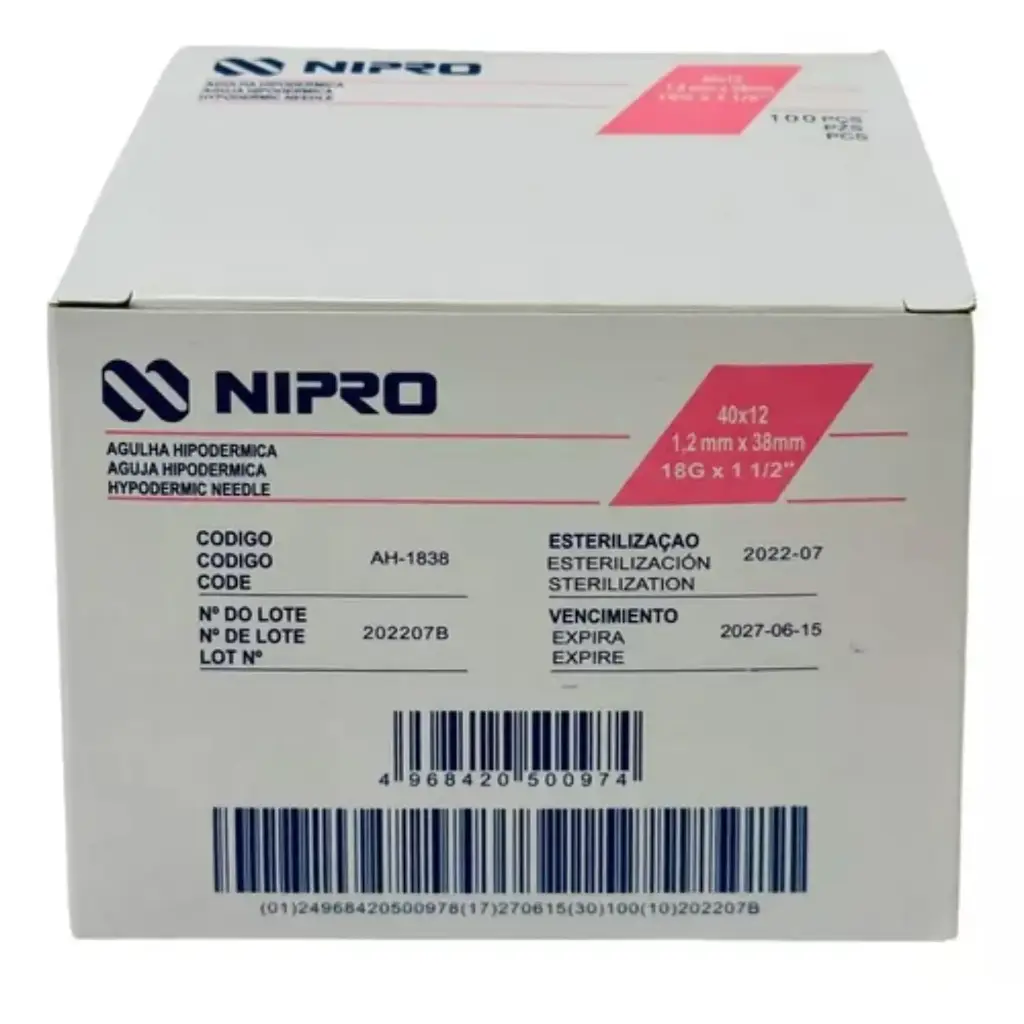 [NI0037] Aguja Hipodérmica Nipro 18G x 38mm (1 1/2") Rosa Caja C/100