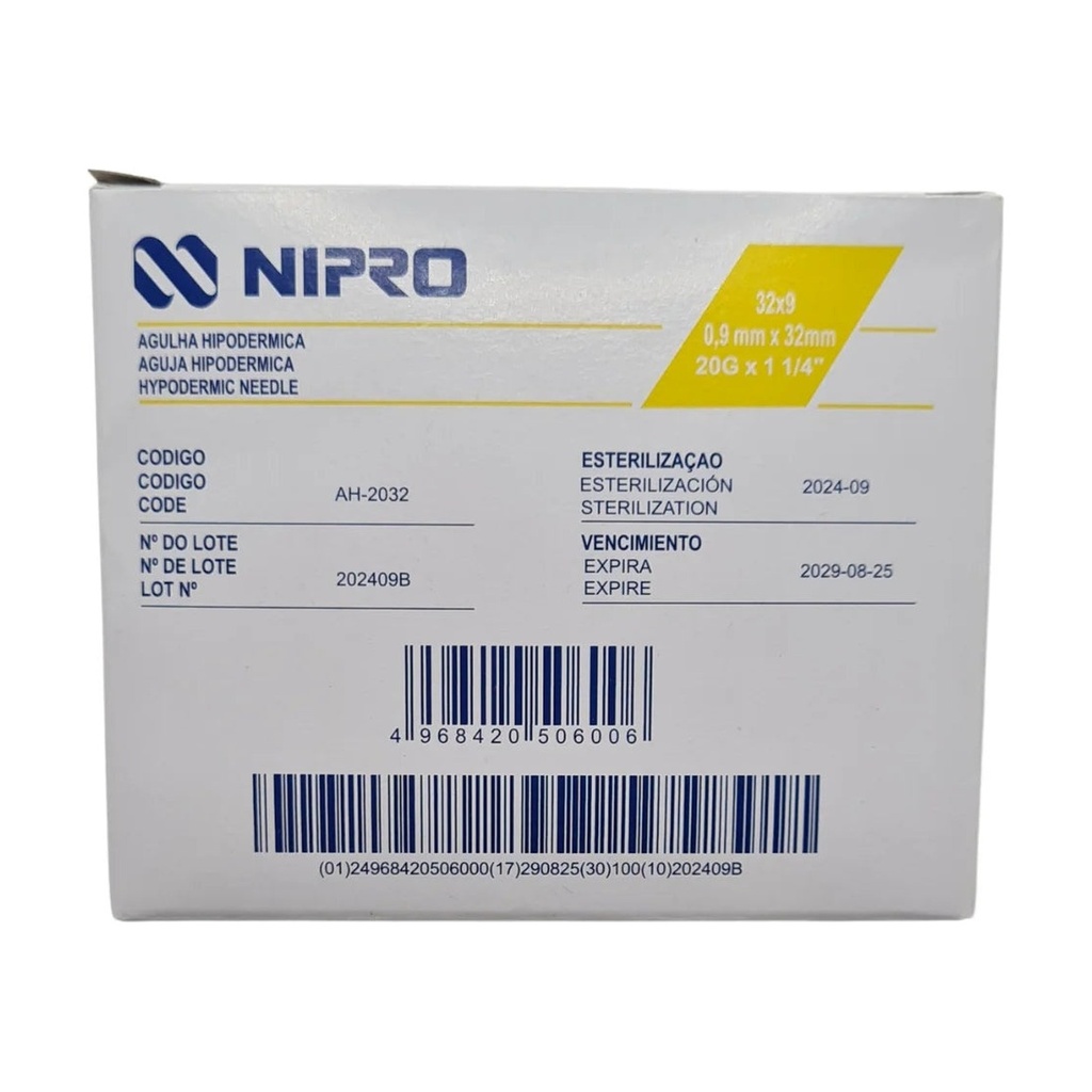 [NI0038] Aguja Hipodérmica Nipro 20G x 32mm (1 1/4") Amarilla Caja C/100