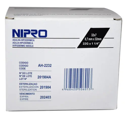 [NI0044] Aguja Hipodérmica Nipro 22G x 32mm (1 1/4") Negra  Caja C/100