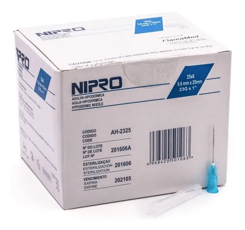 Aguja Hipodérmica  Nipro 23G x 25mm (1") Azul  Caja C/100