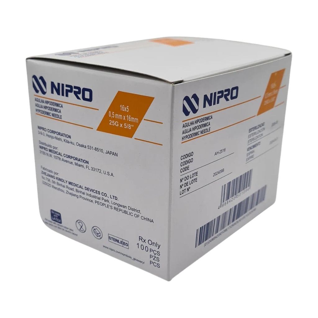 [NI0050] Aguja Hipodérmica Nipro 25G x 16mm ( 1/2") Naranja Caja C/100