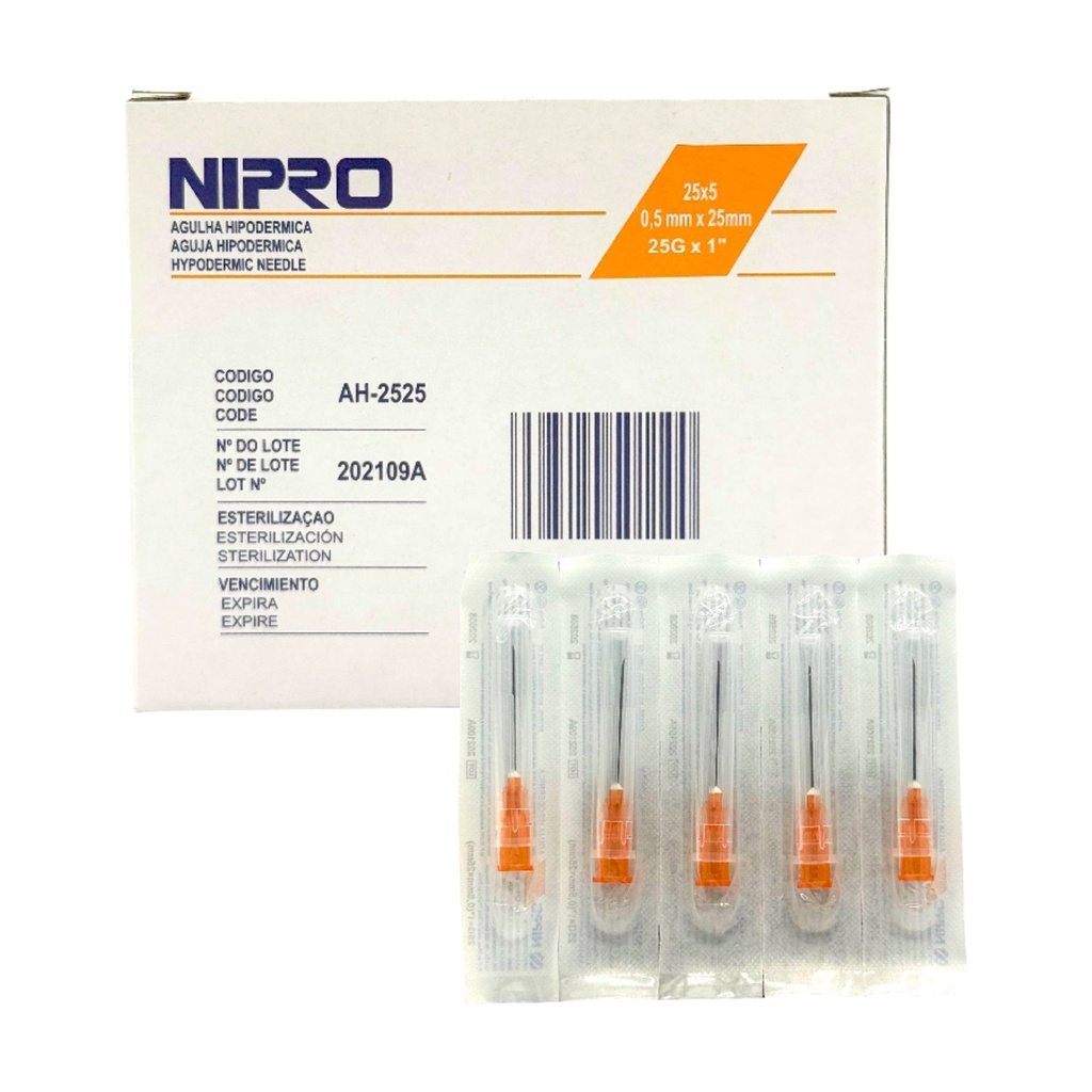 [NI0051] Aguja Hipodérmica  Nipro 25G x 25mm (1") Naranja  Caja C/100