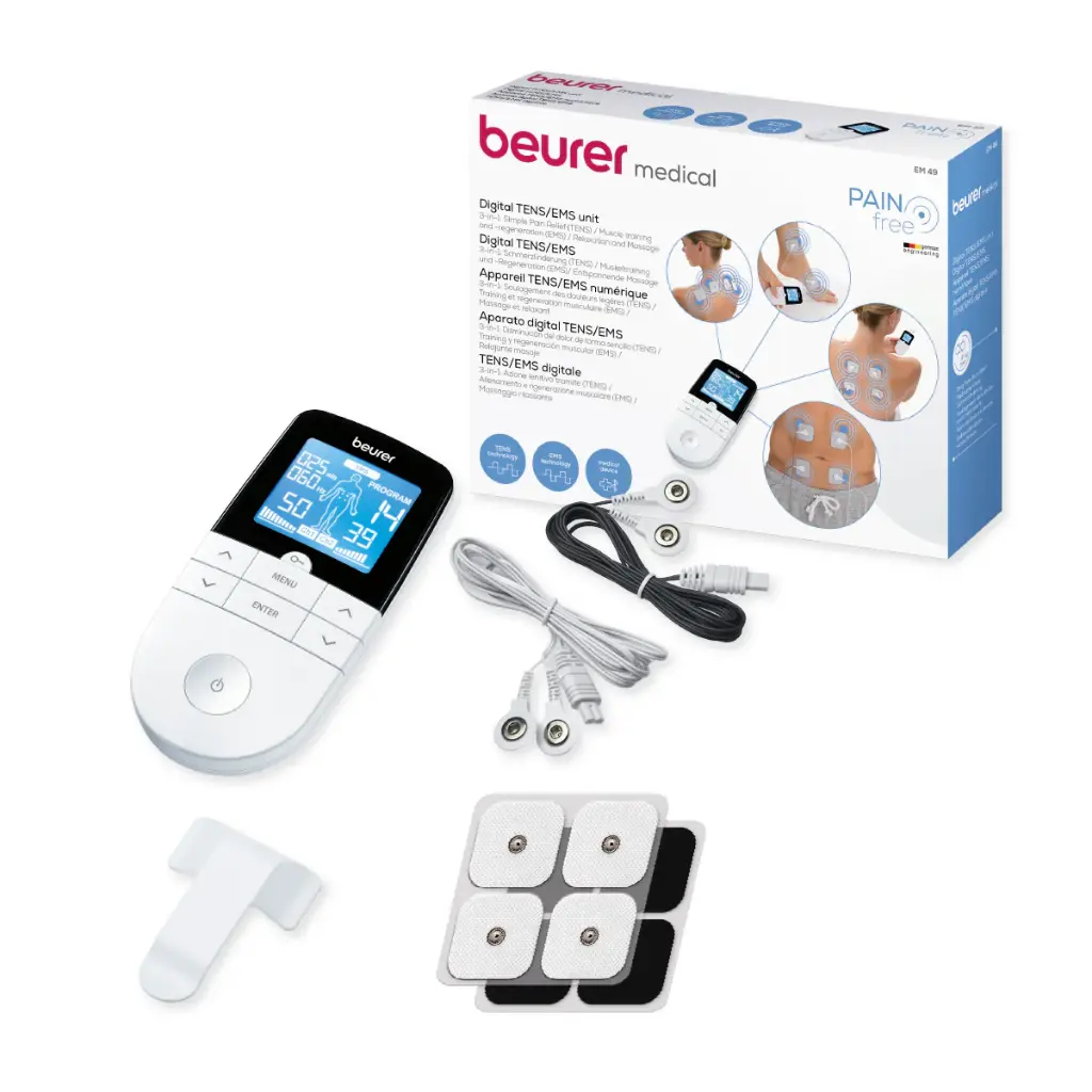 [EM49] Electroestimulador de 2 canales TENS/EMS, EM49, 3 funciones en 1 con electrodos y parches incluidos.