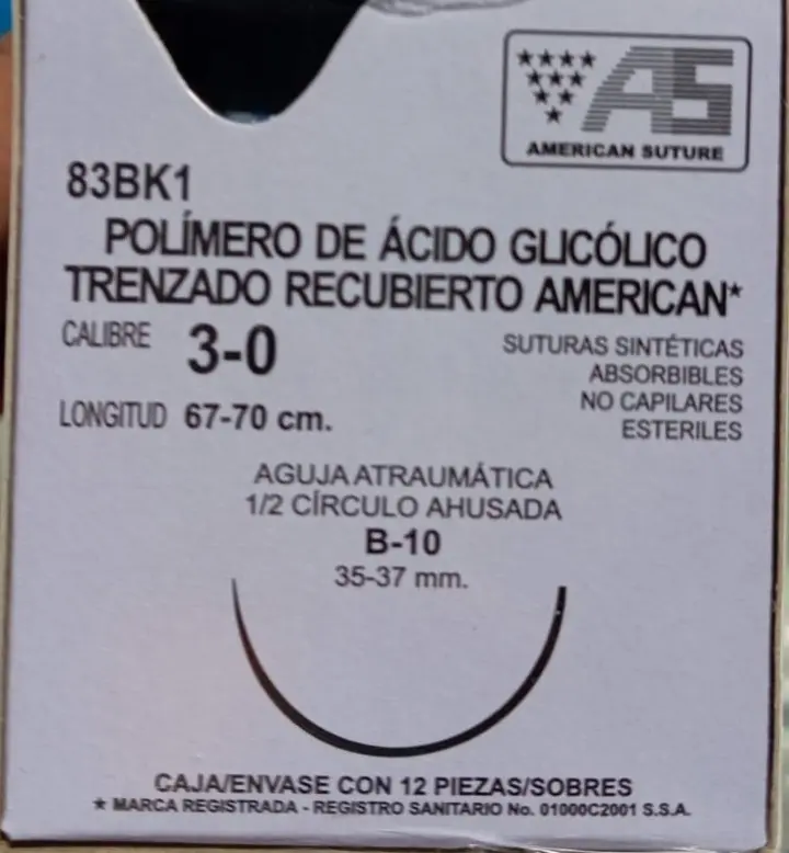 [SAAP83BK1] Acido Poliglicolico 3/0 B-10 67cms Aguja 37mm 1/2 Circulo