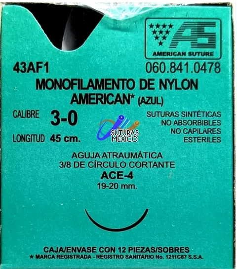 Sutura Nylon 3/0 Ace-4 45cms Aguja 20mm 3/8 Circulo
