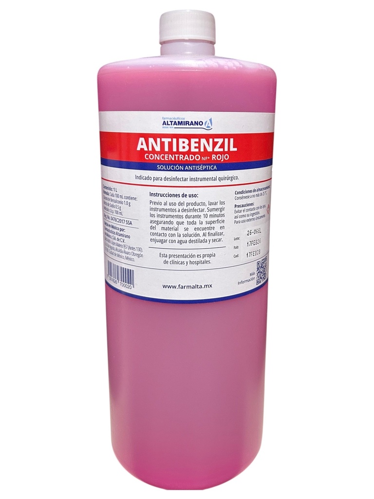 [ALANTCONR1] Antibenzil Concentrado Rojo Litro (cloruro De Benzalconio 1%) 1 LITRO