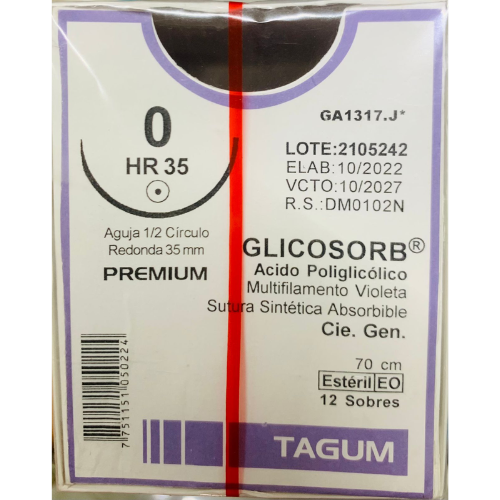 Sutura Sintetica Absorbible Acido Poliglicolico #0 Aguja 1/2 Circulo Redonda 35 Mm 12 Pzs Tagum