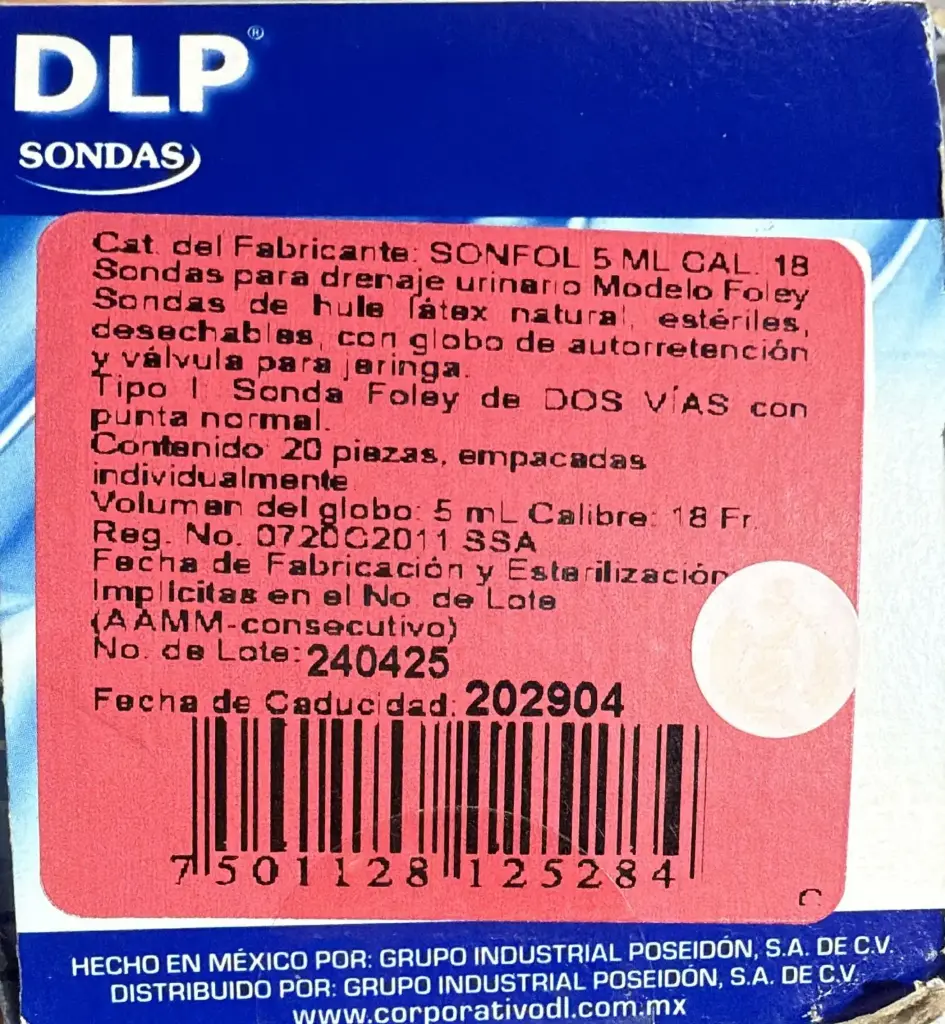 [DL0057] Sonda Foley 5 Ml Cal. 18 Fr (2Vías)
