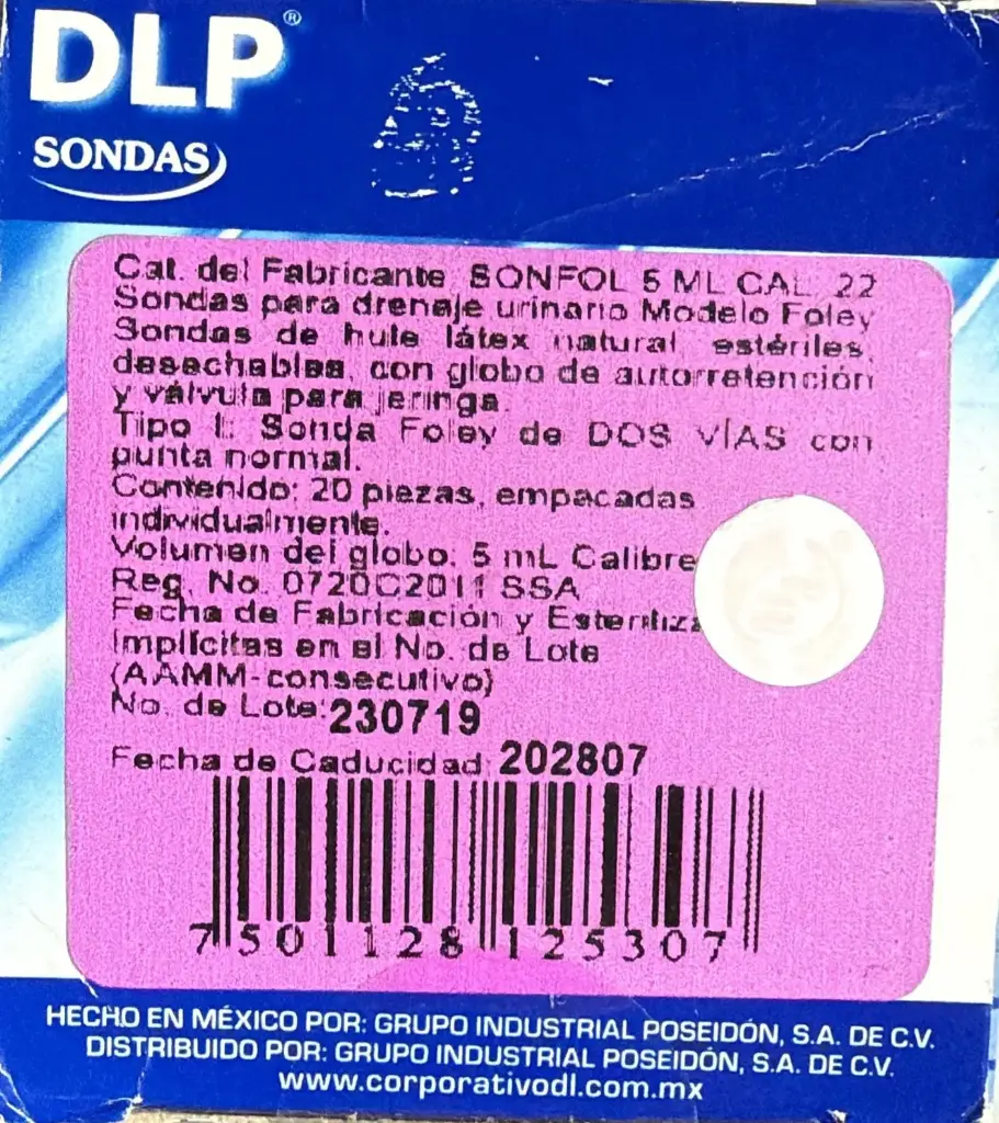 [DL0059] Sonda Foley 5 Ml Cal. 22 Fr (2Vías)