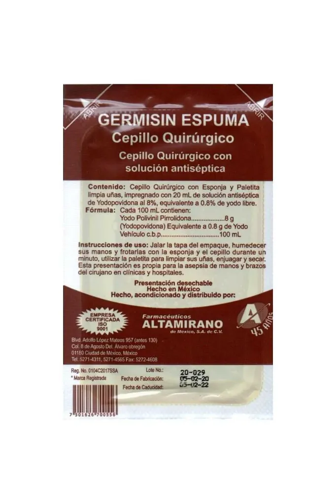 [ALCEPYOD] Cepillo QX Para Cirujano Con Iodo (Iodopovidona Al 8%)