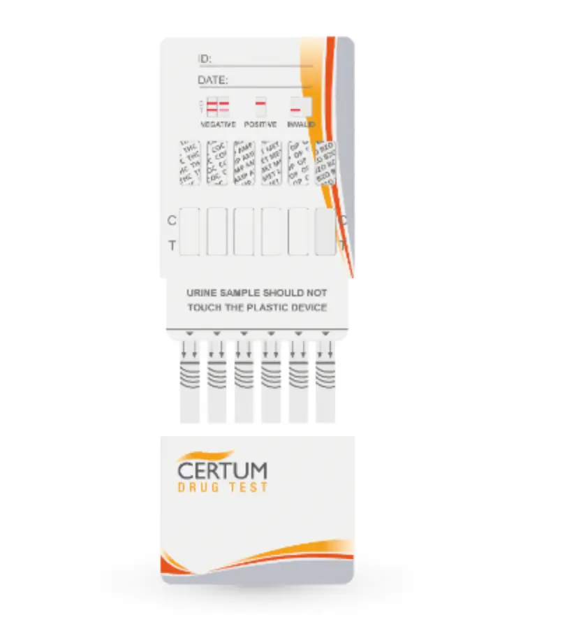 Panel multidrogas de 6 parámetro(THC50/COC300//OPI20000/AMP1000/BZO300/MET1000) - caja con 25 pruebas Mca. Certum