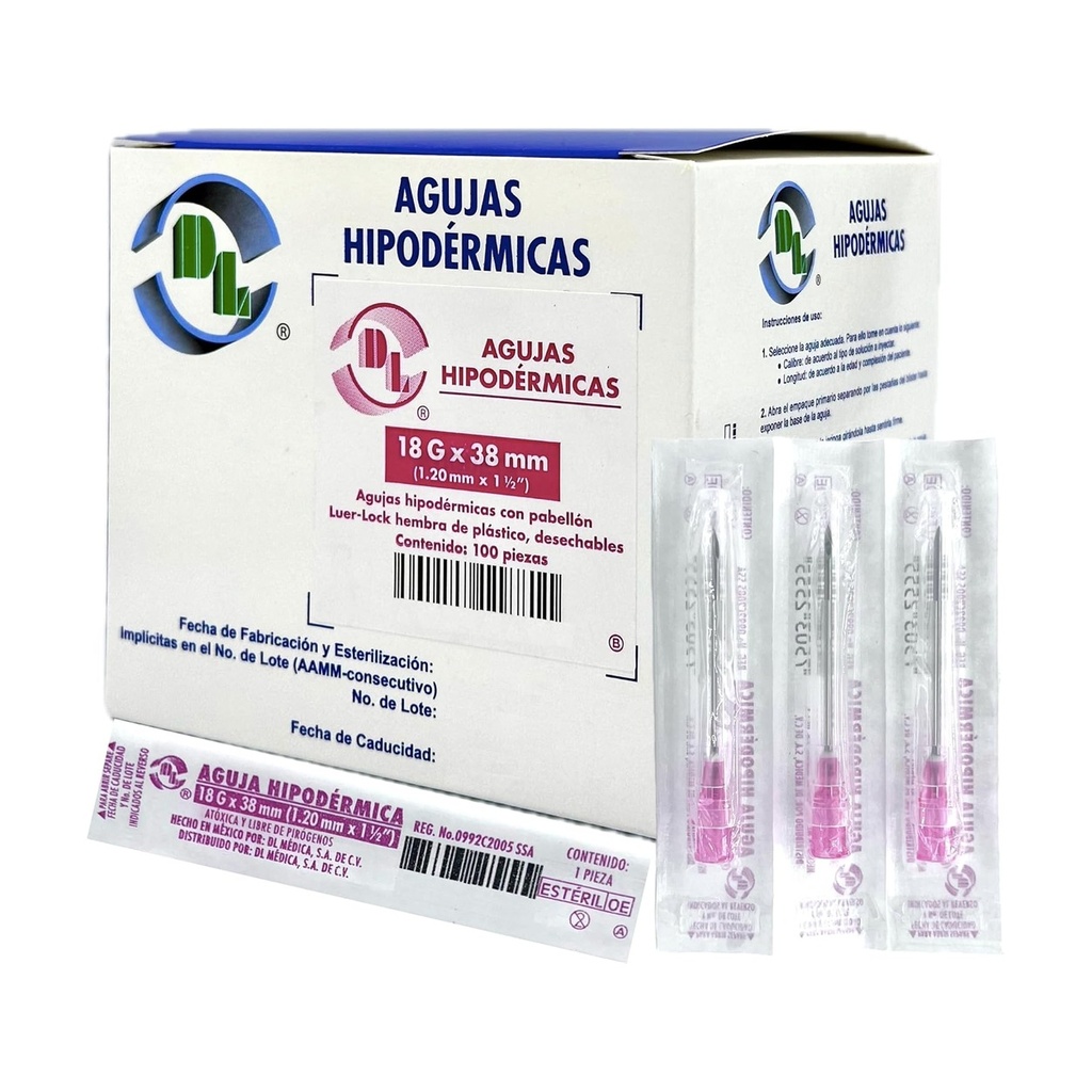 AGUJA HIPODÉRMICA DL 18G X 38MM CAJA C/100