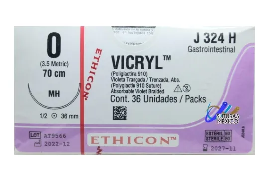 [J324H] VICRYL 0 Aguja Ahusada MH de 36 mm Hebra 70 cm Violeta