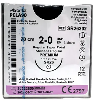 [AT-SR26302] Acido Poliglicolico Violeta 2-0 70cm Sr-26 Ahusada Premium 26mm 1/2 Cir
