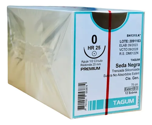 [TGSN1315.K] Sutura Seda Negra (natural, trenzada, no absorbible), Calibre: 0, Longitud: 75 cm, Aguja: 1/2 círculo, redonda (ahusada), 25 mm.