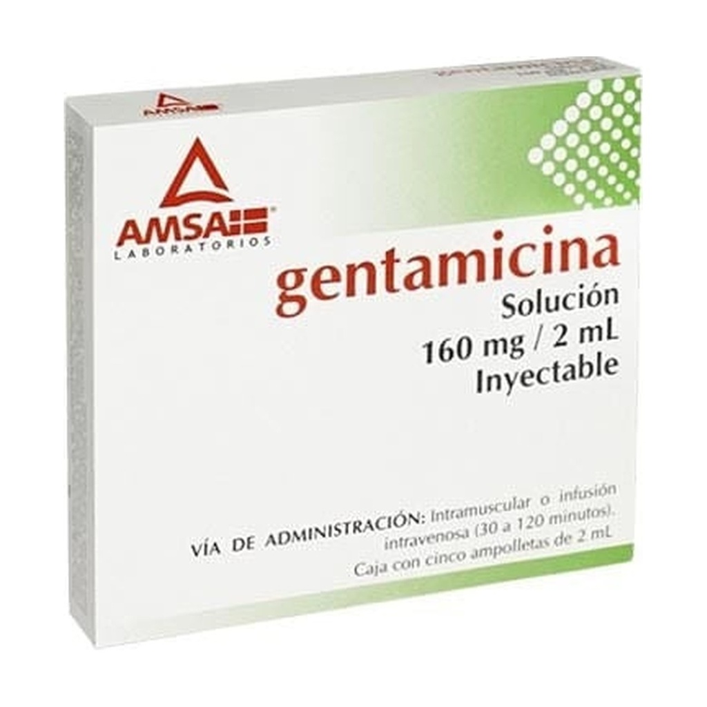 Gentamicina Solucion Inyectable 160 mg/2 mL 5 Ampolletas de 2 mL