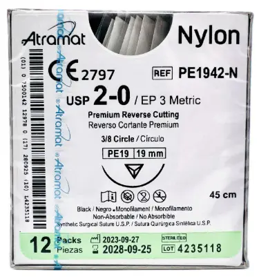 Sutura Nylon Negro 2-0 45cm Pe-19 Reverso Premium 19mm 3/8 Cir