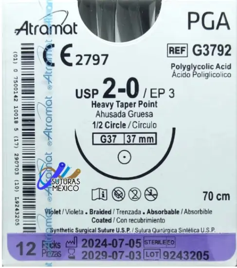 Sutura Acido Poliglicolico 2-0 G37 75 Cm 37 Mm 1/2 Circ PZA