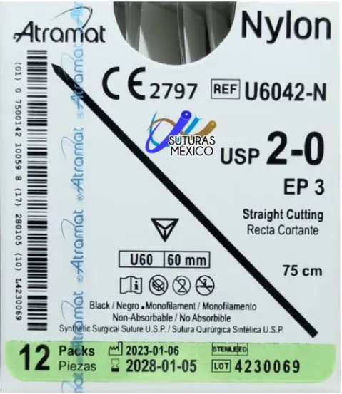 Sutura Nylon 2-0 75 Cm Recta Cort. 60 Mm Negra
