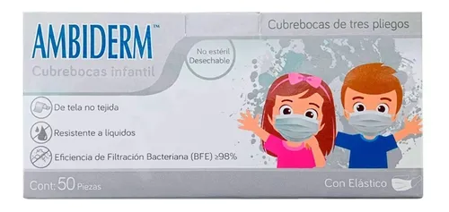 Cubrebocas de 3 Pliegos Infantil con elástico C/50 (Blanco)