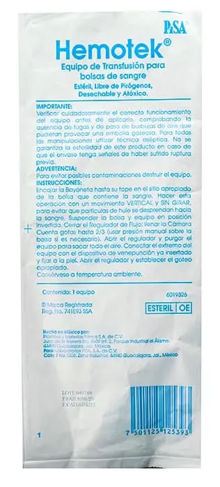 HEMOTEK EQUIPO DE TRANSFUSION PARA BOLSA DE SANGRE CON FILTRO