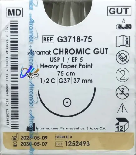 [AT-G3718-75] Catgut Cromico 1 75 Cm 1/2 Ahus. 37 Mm Gru