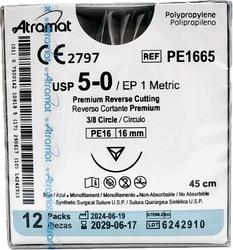 [AT-PE1665] Polipropileno Azul 5-0 45cm Pe-16 Reverso Premium 16mm 3/8 Cir.