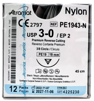 Nylon Negro 3-0 45cm Pe-19 Reverso Cortante Premium 19mm 3/8 Cir