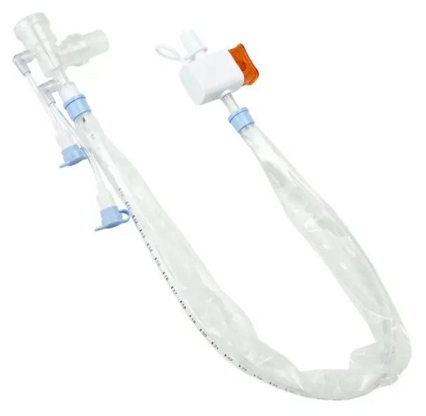Sistema de succión cerrado de 24H, 10 Fr, 60cm, de PVC. Con conector a 45°, puerto de irrigación y sistema MDI
