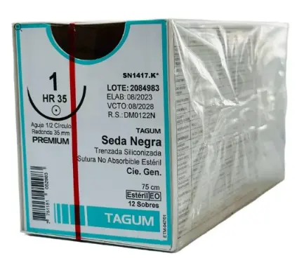 Sutura Seda Negra Trenzada Aguja Ahusada 1 75 cm Aguja 1/2 35 mm