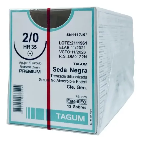 [TGSN1117.K] Sutura Seda Negra 2-0, Longitud: 75 cm, Aguja: 1/2 círculo redonda (ahusada), 35 mm