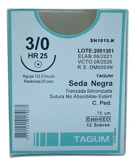 [TGSN1015.K] Sutura Seda Negra 3-0, Longitud: 75 cm, aguja: 1/2 círculo, redonda (ahusada), 25 mm.