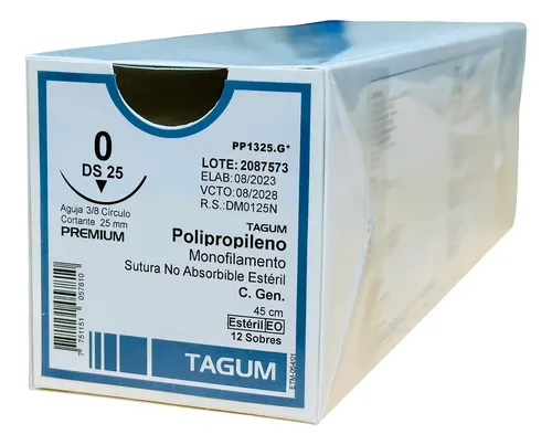 [TGPP1325.G] Sutura Polipropileno (sintética, monofilamento, no absorbible), Calibre: 0, Longitud: 45 cm, Aguja: 3/8 círculo, cortante, 25 m