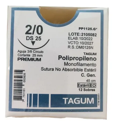 Sutura Polipropileno 2-0, Longitud: 45 cm, Aguja: 3/8 círculo, cortante, 25 mm.