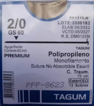 Sutura Polipropileno 2-0, Longitud: 75 cm, Aguja: recta, cortante, 60 mm.