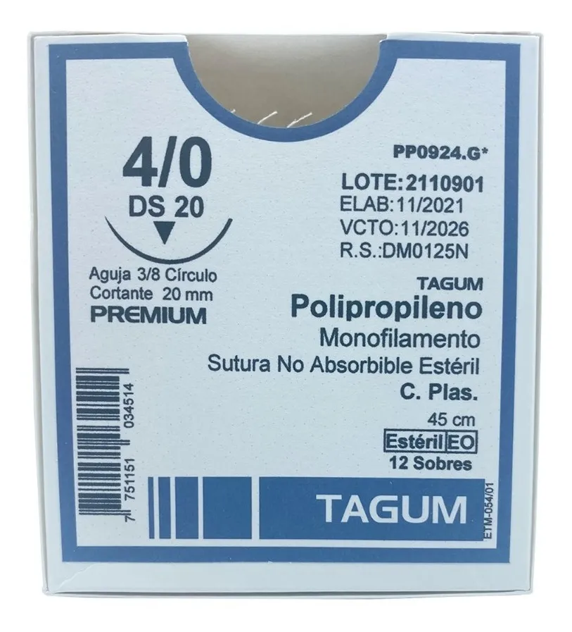 Sutura Polipropileno 4-0, Longitud: 45 cm, Aguja: 3/8 círculo, cortante, 20 mm