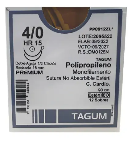 Sutura Polipropileno Aguja Doble Armado Calibre 4-0 Longitud 90 cm Aguja 1/2