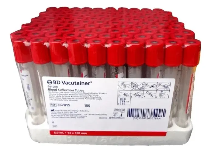 Tubo 6ml Toma y Recolección de Sangre Tapón Rojo C/100  BD  Vacutainer