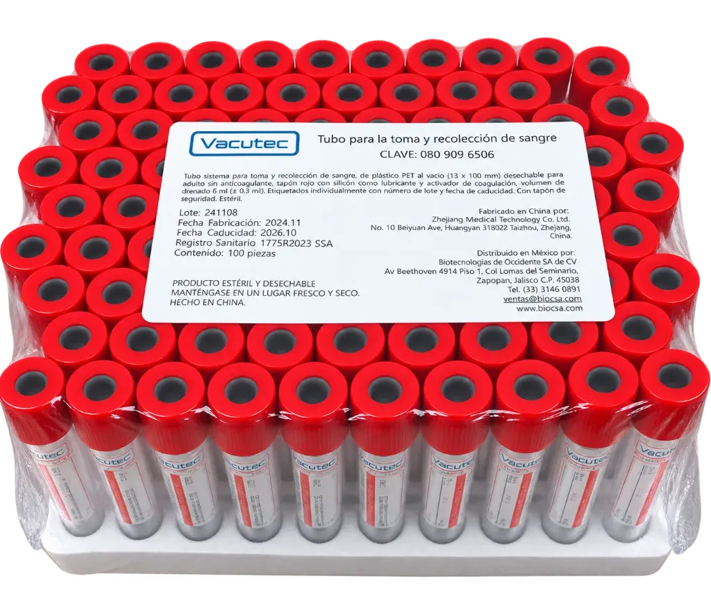 Tubo 6ml Toma y Recolección de Sangre Tapón Rojo C/100  Vacutec