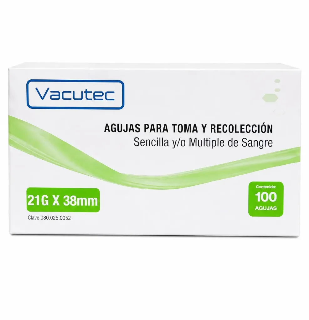 Aguja Para Toma Y Recolección De Sangre 21G X 38 MM C/100 Verde Vacutec Biotec