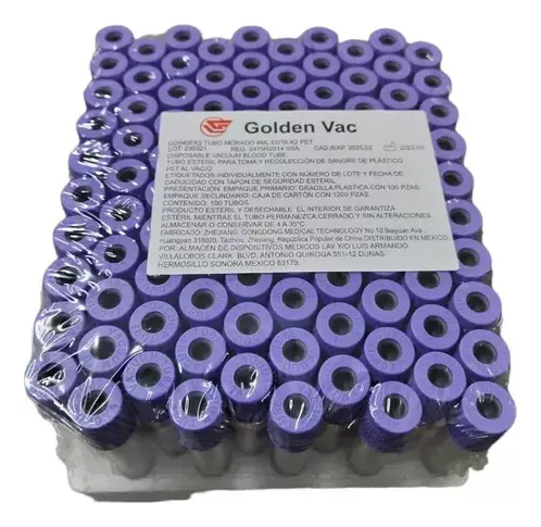 Tubo 4ml Toma y Recolección de Sangre Tapón Lila C/100 Goldenvac