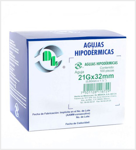 AGUJA HIPODÉRMICA DL 21G X 32MM (1 1/4") VERDE CAJA C/100
