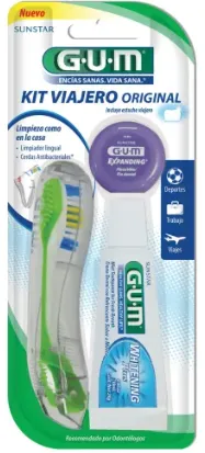 KIT BUCAL DE VIAJE CEPILLO/PASTA/HILO DENTAL C/3 PZAS GUM