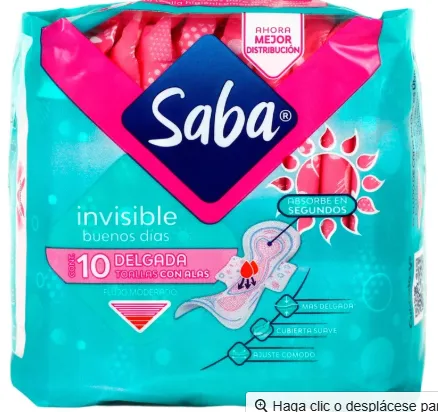 TOALLAS FEMENINAS SABA INVISIBLE DELGADA CON ALAS C/10 PZAS