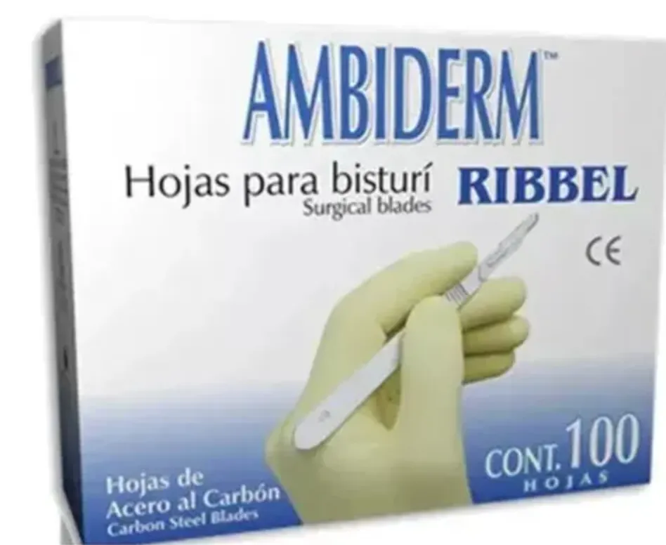 Bisturí acero al carbón Hoja 15 100 piezas	Bisturí acero al carbón AMBIDERM