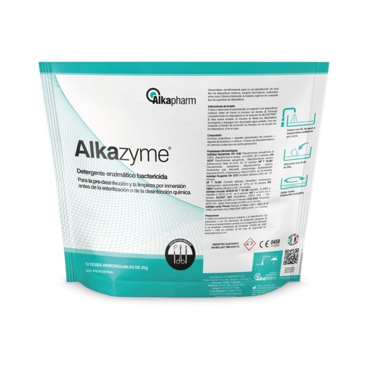 Alkazyme detergente desinfectante enzimático alcalino — bolsa c/12 dosis hidrosolubles de 20 g