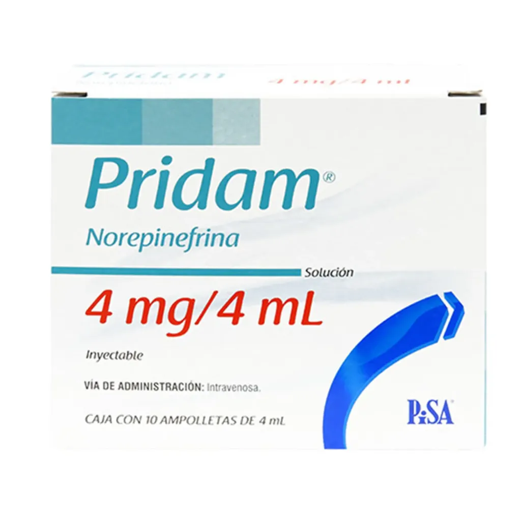 Pridam 4 mg/ 4 ml Solución Inyectable 10 Ampolletas PISA Norepinefrina