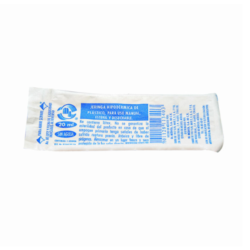 Jeringa Hipodérmica De Plástico 20ml Azul Sin Aguja
